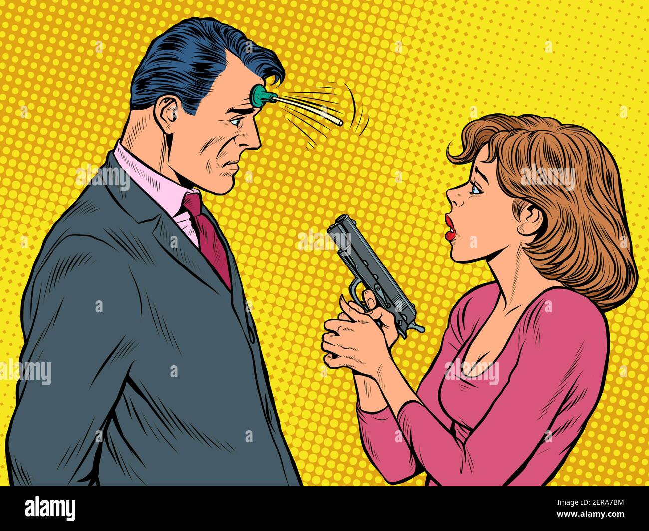 the woman pointed the gun suction Cup joke at the man. spies, agents and detectives Stock Vector