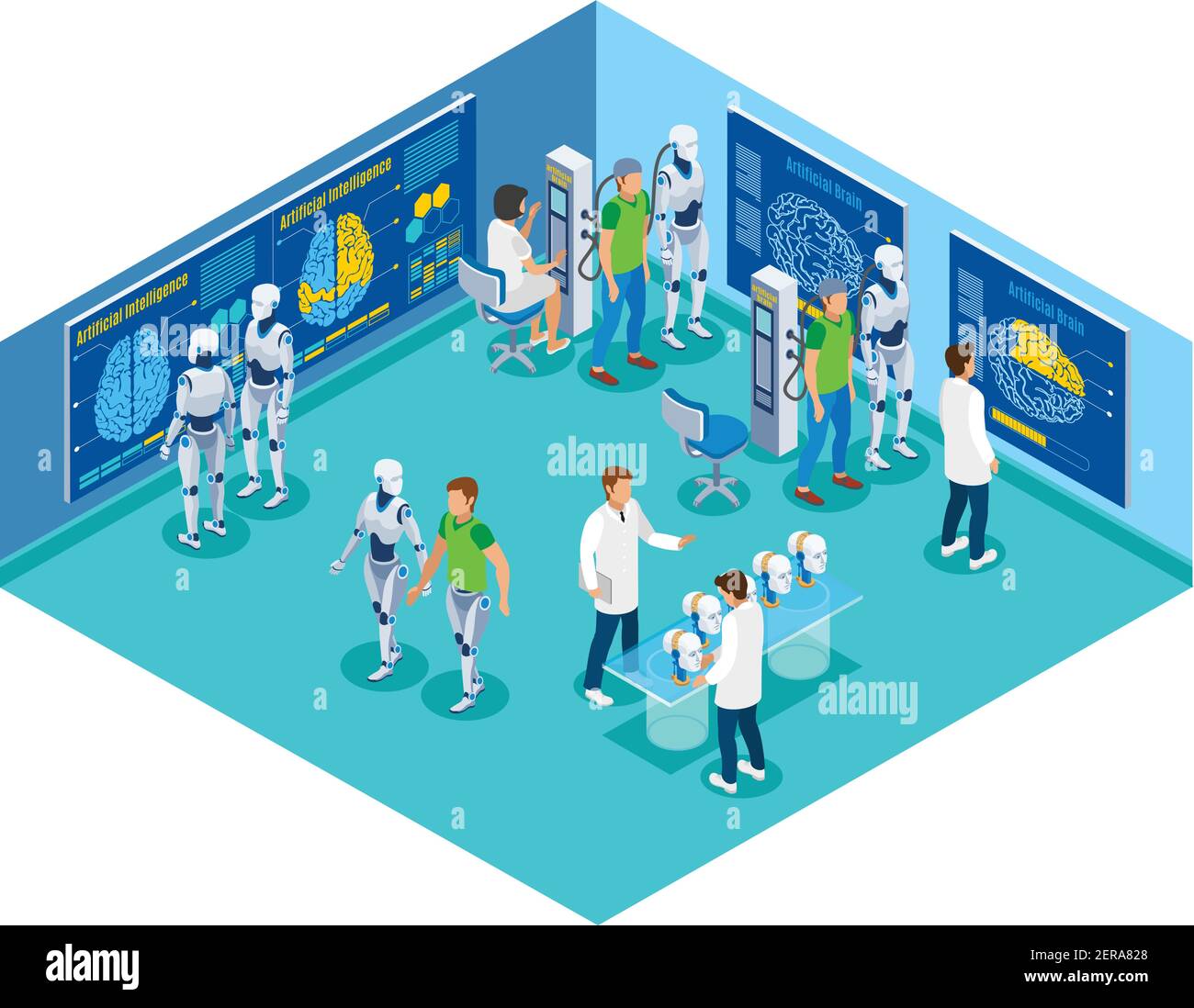 Backup personality isometric flowchart with view of futuristic laboratory with characters of scientists patients and droids vector illustration Stock Vector