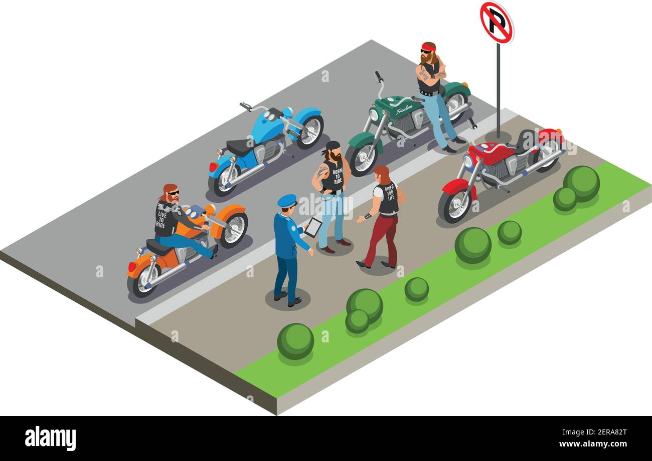 Bikers isometric composition with images of motorcycles and human characters in street sidewalk scenery with policeman vector illustration Stock Vector