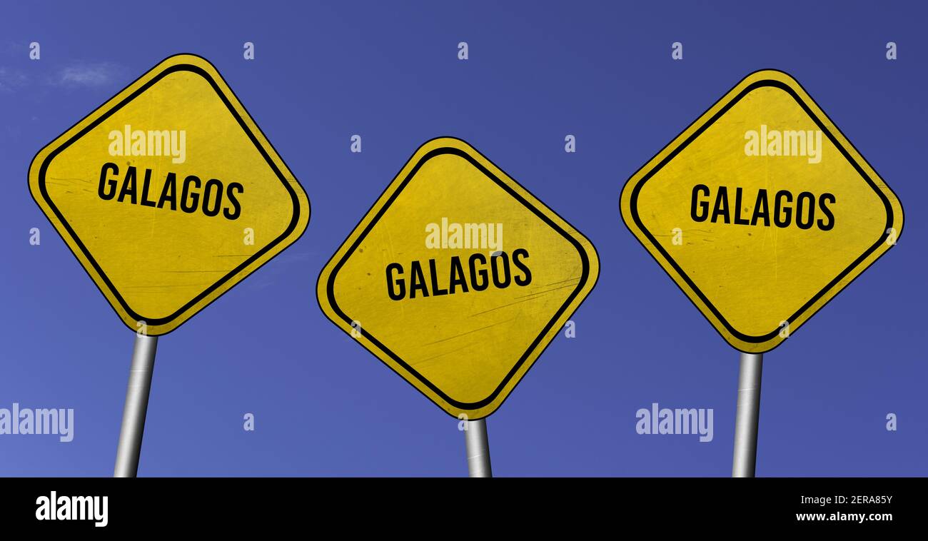 galagos - three yellow signs with blue sky background Stock Photo
