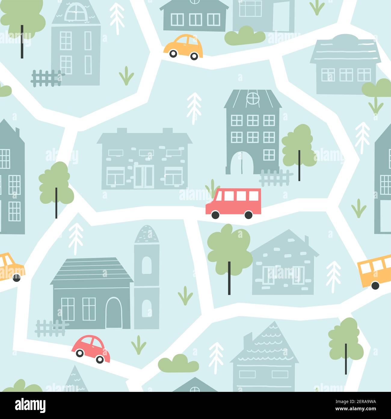 Cute city houses, childish seamless pattern, scandinavian map cityscape with old houses Stock Vector