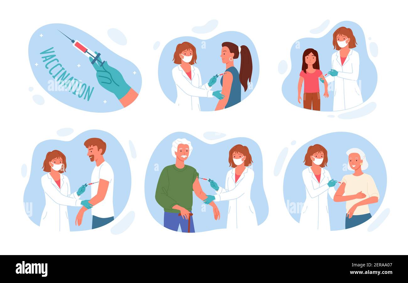 Doctor people vaccinate patients in clinic, vaccination process in hospital collection Stock Vector