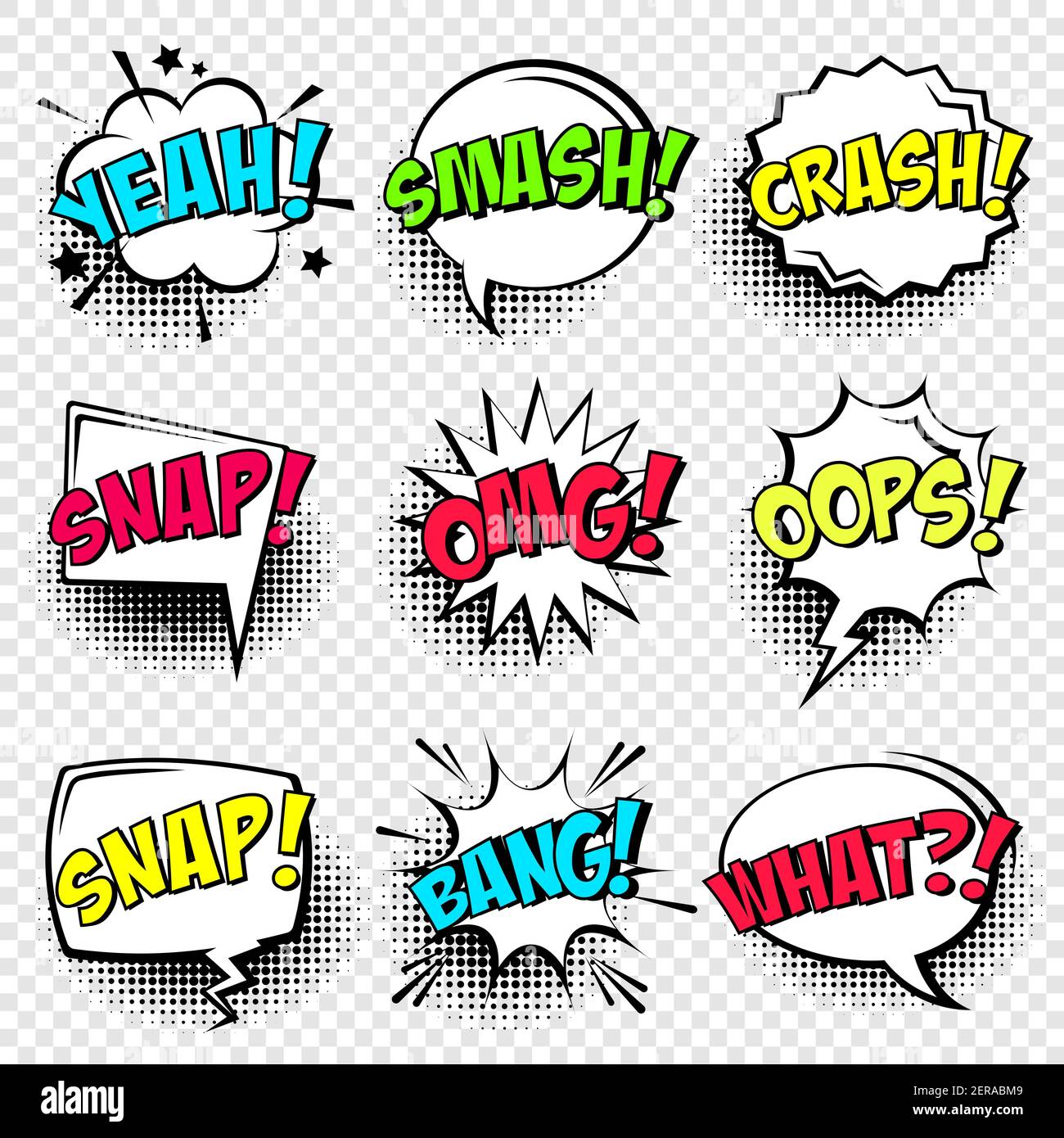 Comic speech bubbles with halftone shadow and text phrase. Vector hand ...