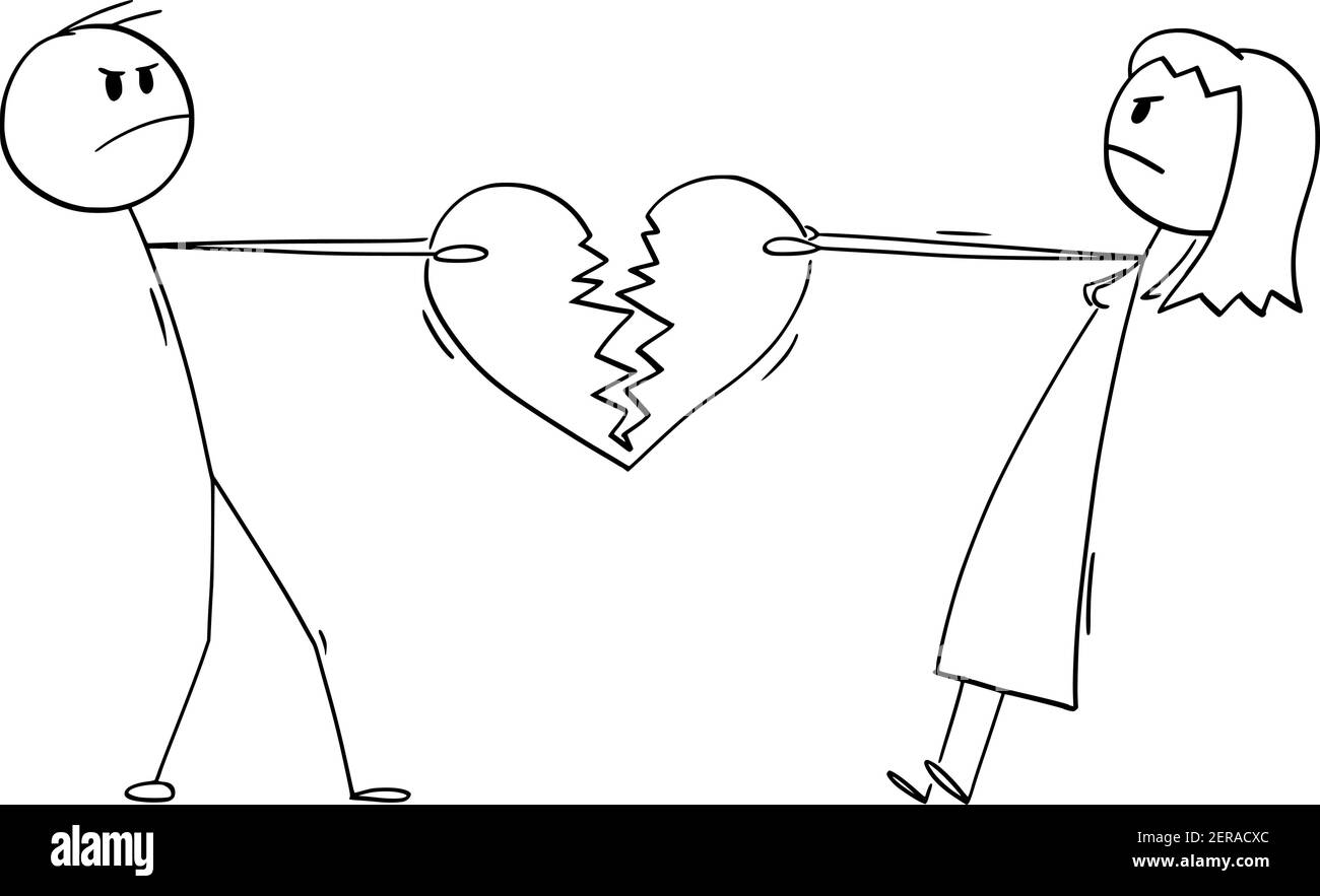 Couple of woman and man fighting for broken heart as symbol of end of love.Vector cartoon stick figure or character illustration. Stock Vector