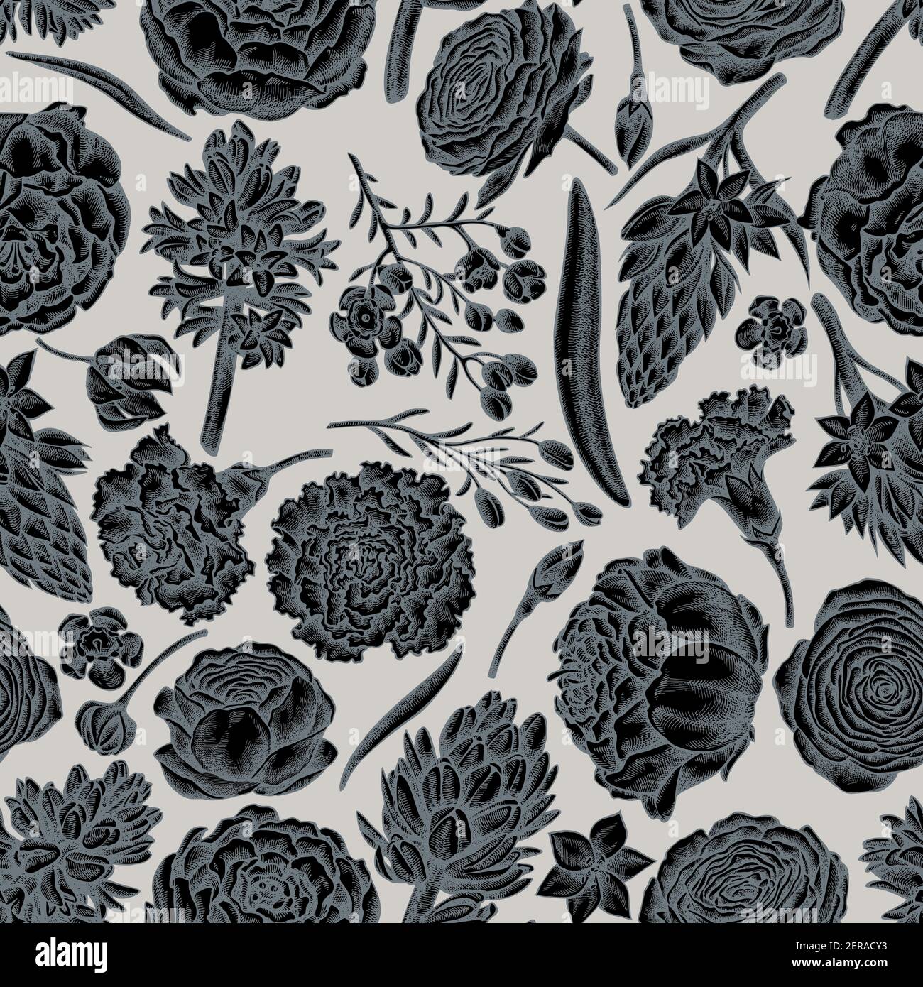 Seamless pattern with hand drawn stylized peony, carnation, ranunculus ...
