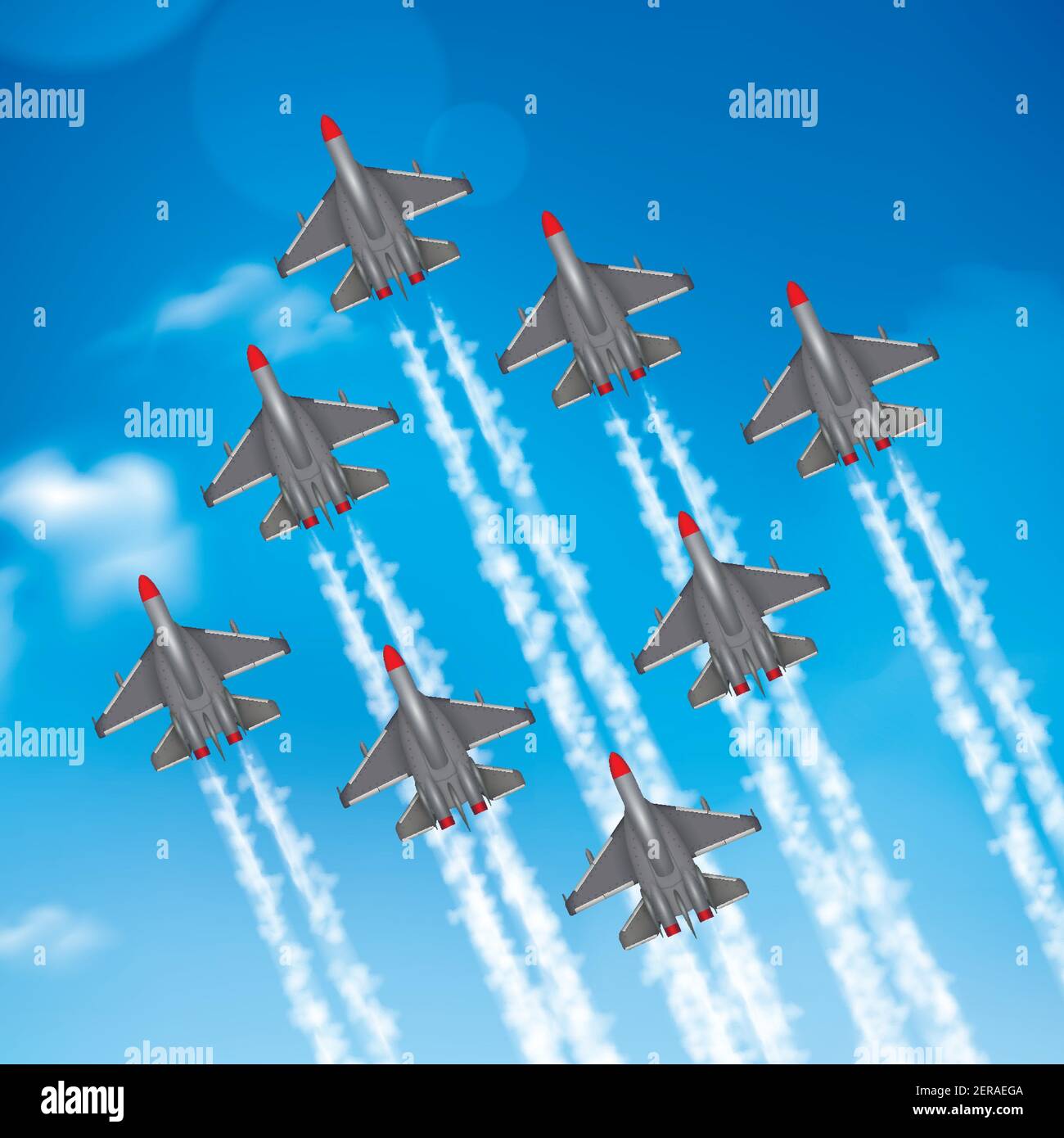 Army air force military parade jet airplanes formation condensation trails against blue sky realistic poster vector illustration Stock Vector