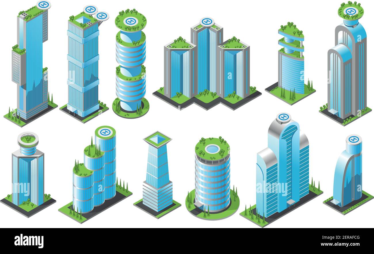 Isometric futuristic skyscrapers icon set with different styles office buildings of heights and shapes vector illustration Stock Vector