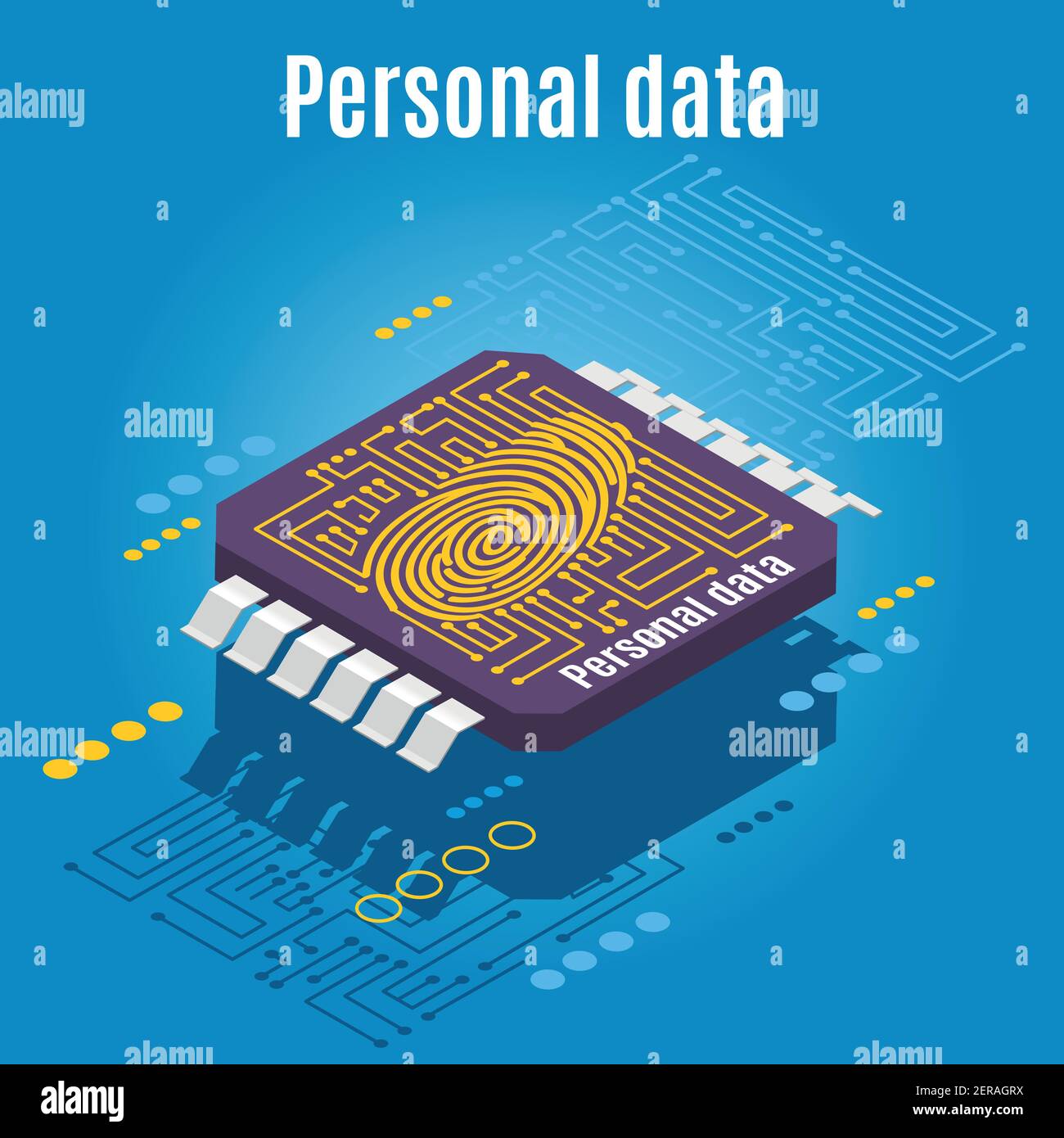 Backup personality isometric background with conceptual image of microprocessor engraved with dactylogram of human finger print vector illustration Stock Vector
