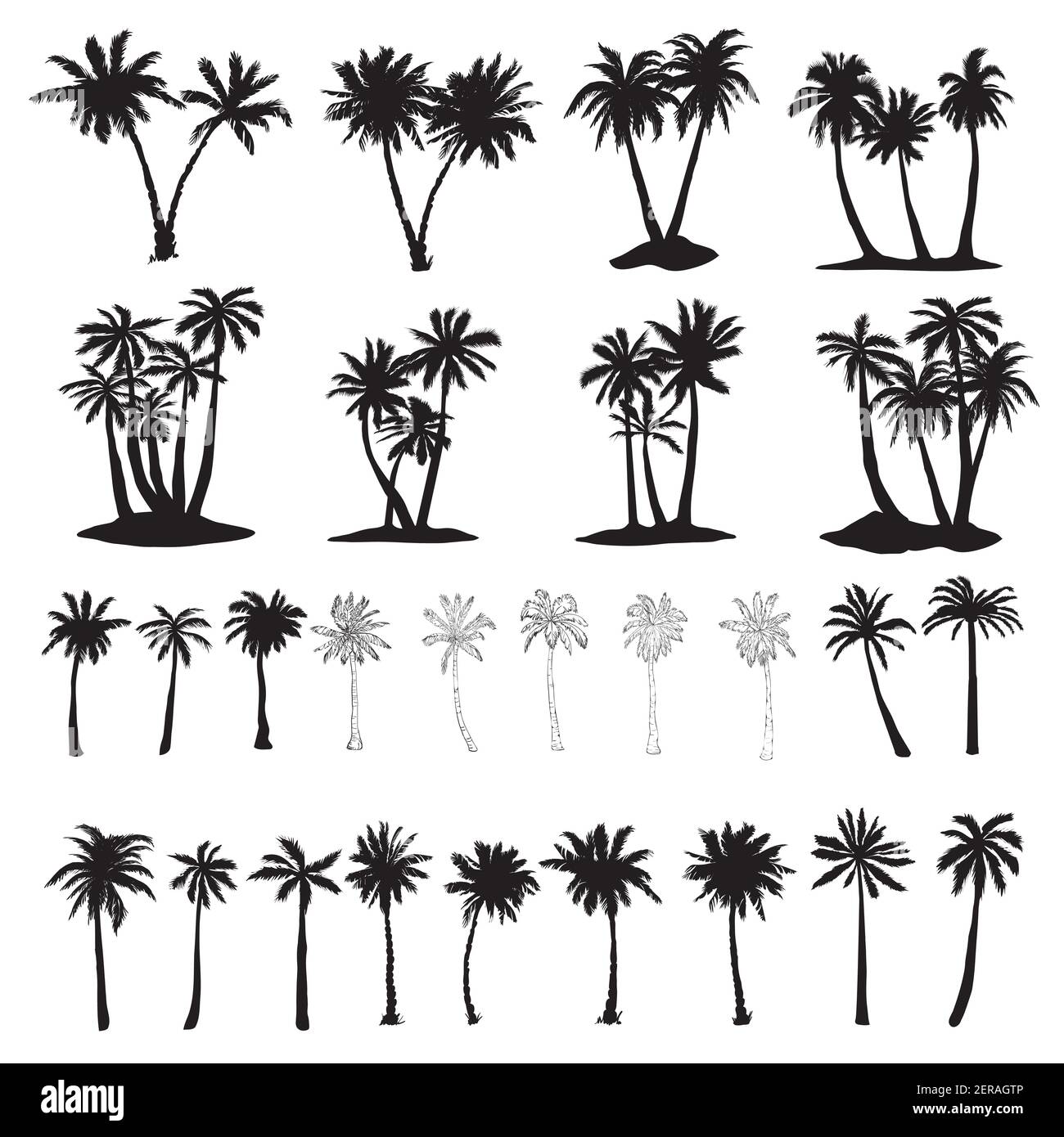 Set of palm tree icons black silhouettes isolated tropical palm trees . Stock Vector