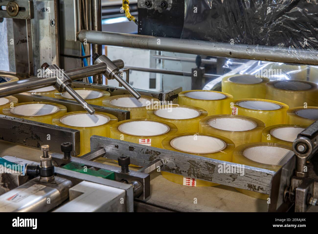 Packing tape factory. Production of duct tape. Strapping Machine for