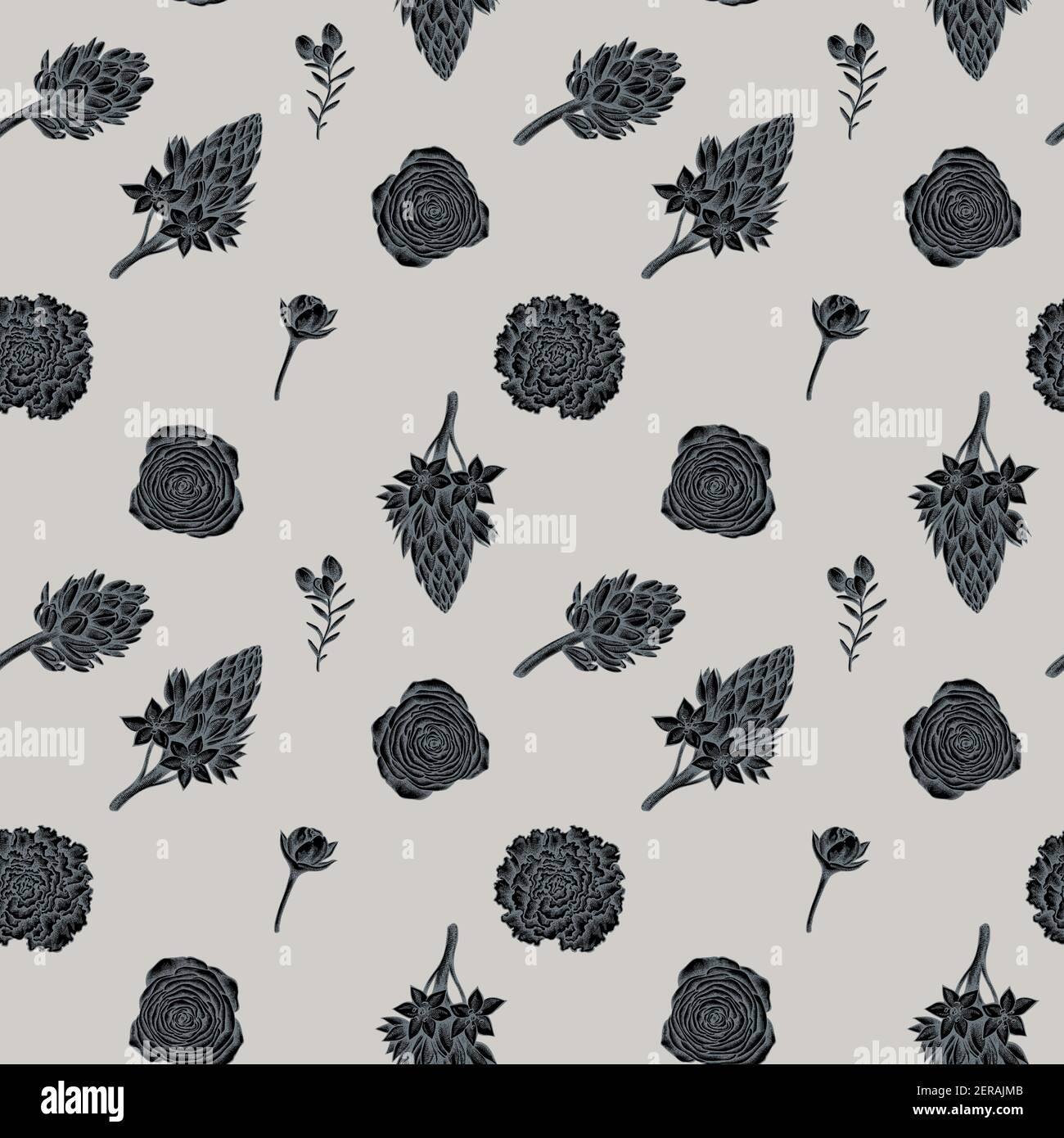 Seamless pattern with hand drawn stylized peony, carnation, ranunculus ...