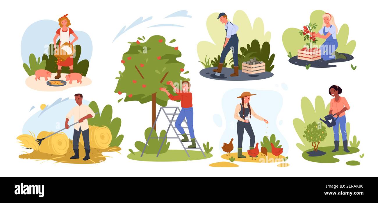 People farming set, farmer rancher feeding chickens and pigs, working in garden or field Stock Vector