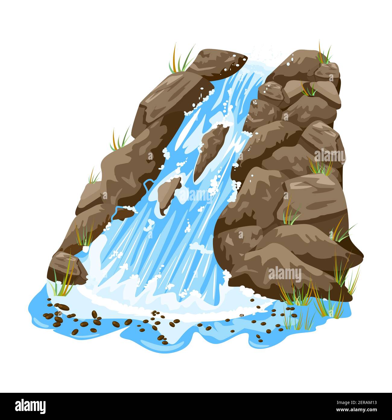 Waterfall isolated on white background. Water cascade on steep rocky.Landscape of cascade falling water.Element for scenery design.Vector illustration Stock Vector