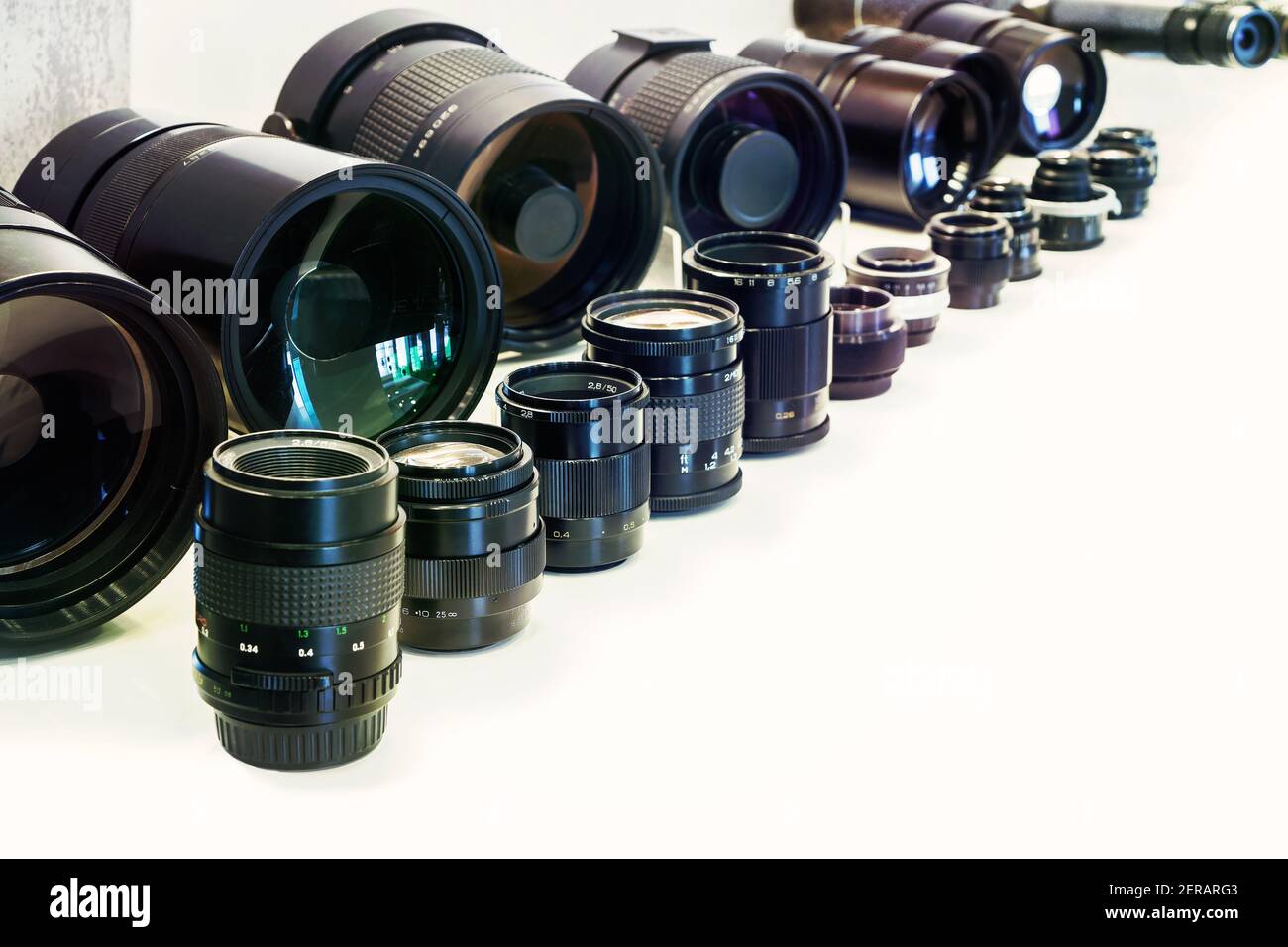 Collection of different camera lenses in a row Stock Photo Alamy
