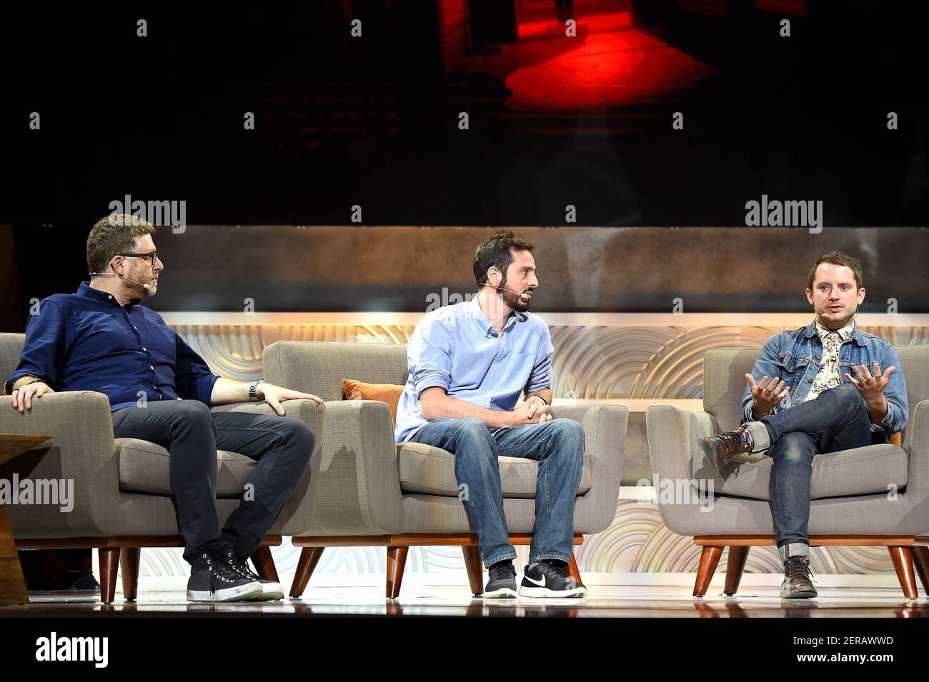 LOS ANGELES - JUNE 12: L-R: "Transference with Elijah Wood" - Partner, Head  of Development/Co-Writer Company X/SpectreVision Daniel Noah, Producer,  Ubisoft Montreal Kevin Racape and actor Elijah Wood speak onstage at the