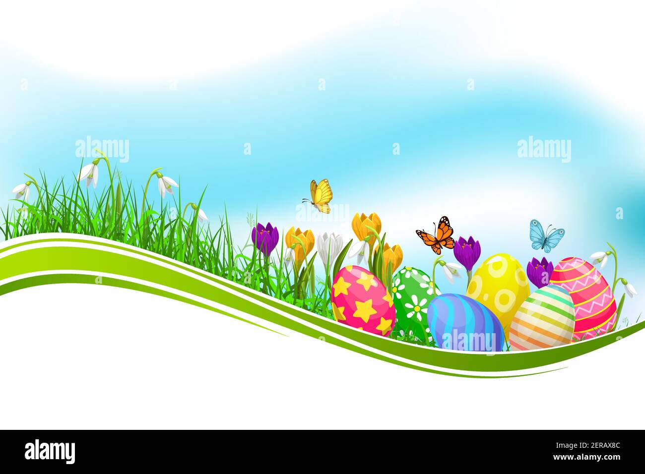 Easter eggs green grass wave, vector design element with spring flowers ...
