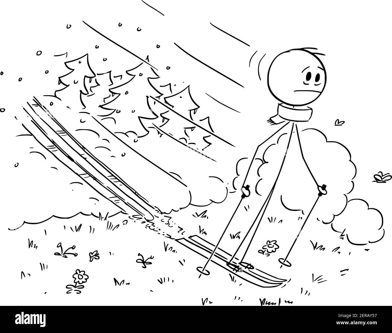 Man skiing on snow, while winter ended and spring begins, man skying on grass. Vector cartoon stick figure or character illustration. Stock Vector