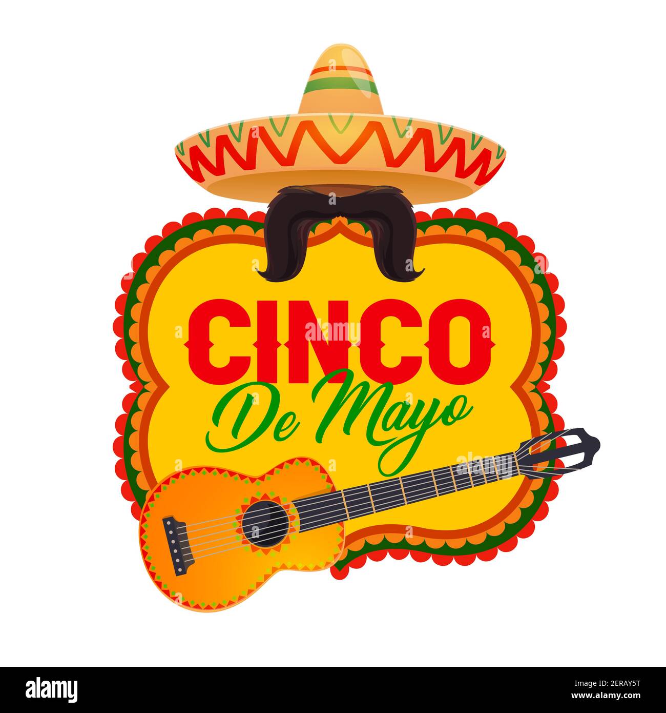 Cinco de Mayo vector icon with mexican symbols sombrero, mustaches and  guitar. Cartoon Cinco de Mayo badge in traditional colors. National hat and  mus Stock Vector Image & Art - Alamy