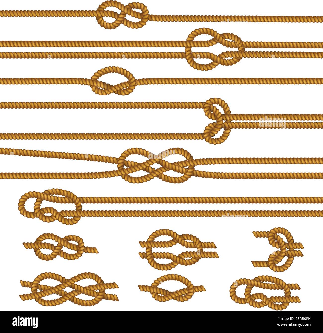 Useful ropes knots samples collection with figure 8 square reef sheet bend overhand realistic isolated vector illustration Stock Vector