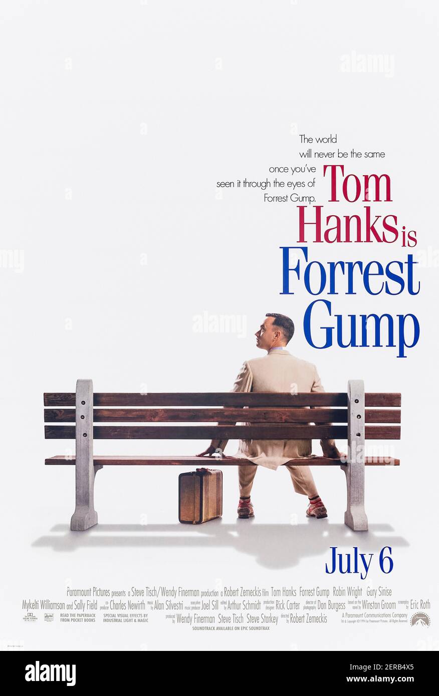 Forrest Gump (1994) directed by Robert Zemeckis and starring Tom Hanks, Robin Wright and Gary Sinise. Adaptation of Winston Groom's novel about a man with an IQ of 75 who takes part in defining historical events in modern American history and has a remarkable life. Stock Photo