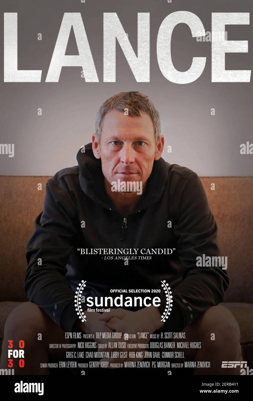 Lance (2020) directed by Marina Zenovich and starring Lance Armstrong, Tyler Hamilton and George Hincapie. A personal examination of the rise and fall of Lance Armstrong. Stock Photo