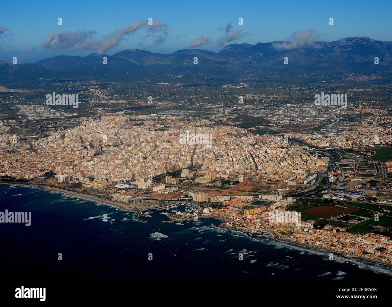 Aerial View From A Plane Above The Mediterranean Sea To Palma De Mallorca On Balearic Island Mallorca On A Sunny Winter Day With A Clear Blue Sky Stock Photo