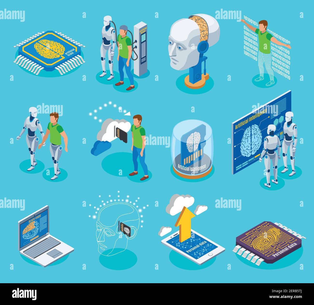 Backup personality isometric icons set with isolated images of cyborg ...