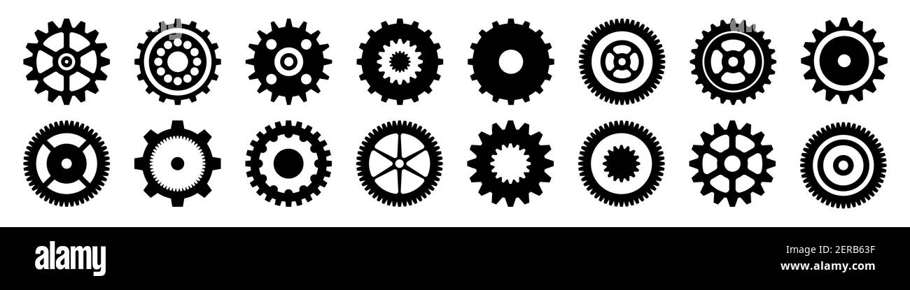 Simple gear icons. Wheels set on black background. Vector white ...