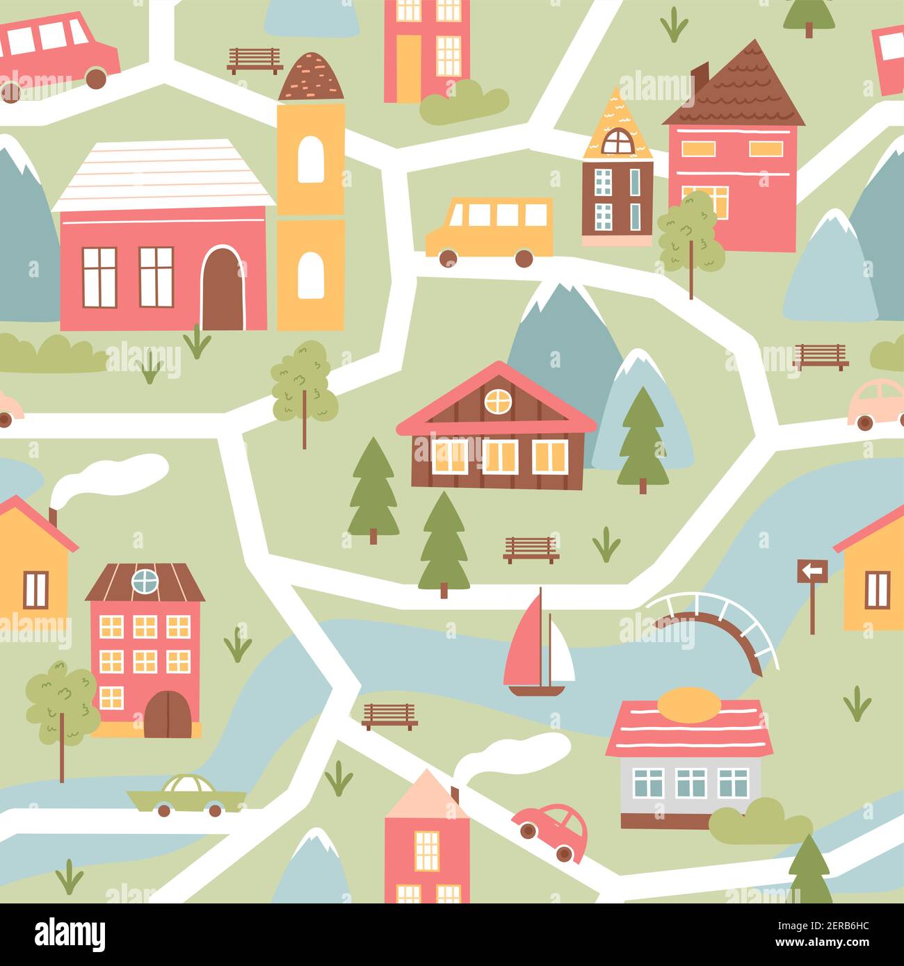 Cute town or village houses, childish seamless pattern, townscape with river and bridge Stock Vector
