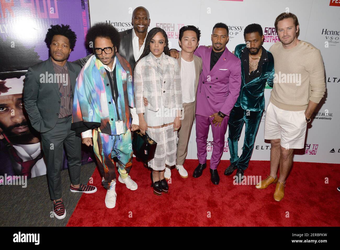 L-R) Cast members Jermaine Fowler, director Boots Riley, Terry Crews, Tessa  Thomspson, Steven Yeun, Omari Hardick, Lakeith Stanfield and Armie Hammer  attend the "Sorry To Bother You" Premiere during Opening Night of