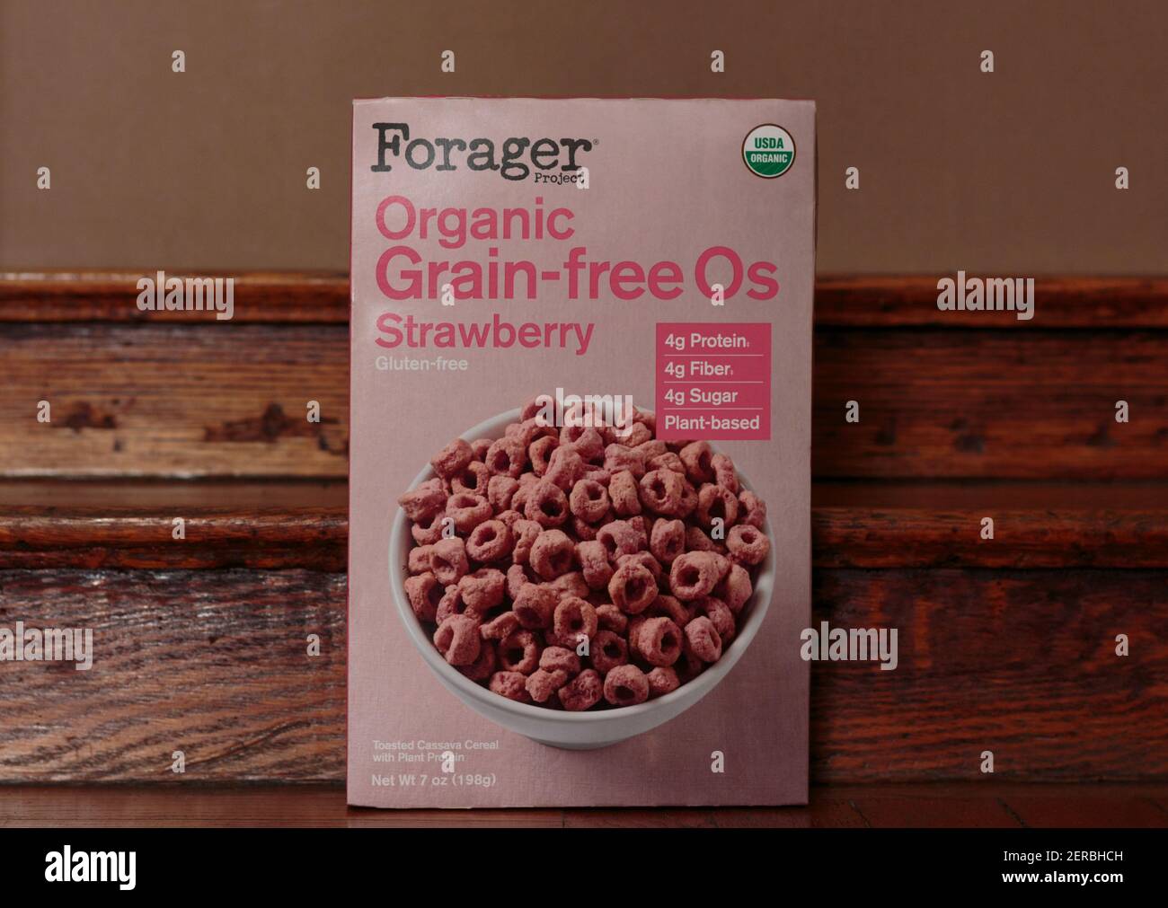 illustrative editorial of a box of Forager Project brand organic cassava grain-free strawberry flavored cereal with copy space Stock Photo