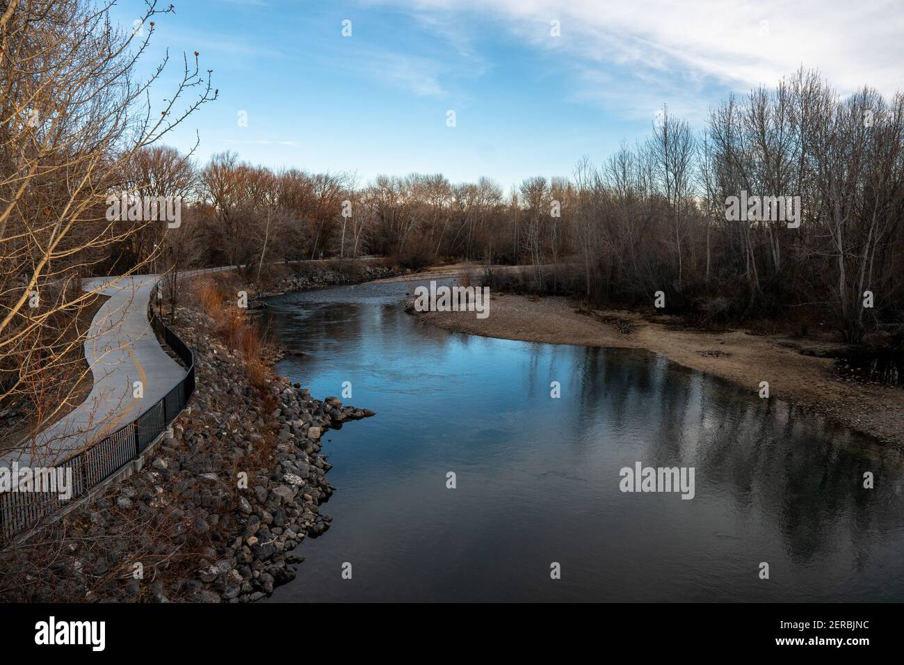Late afternoon along the Boise River in January. Numerous s-curves provide an interesting design element. Stock Photo