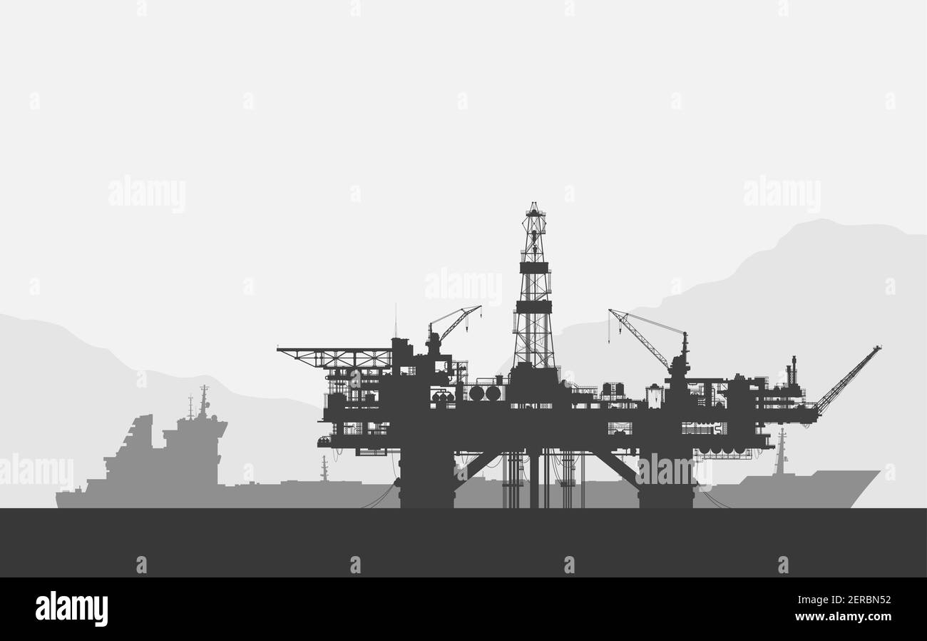 Sea oil drilling rig and tanker. Black and white illustration. Stock Vector