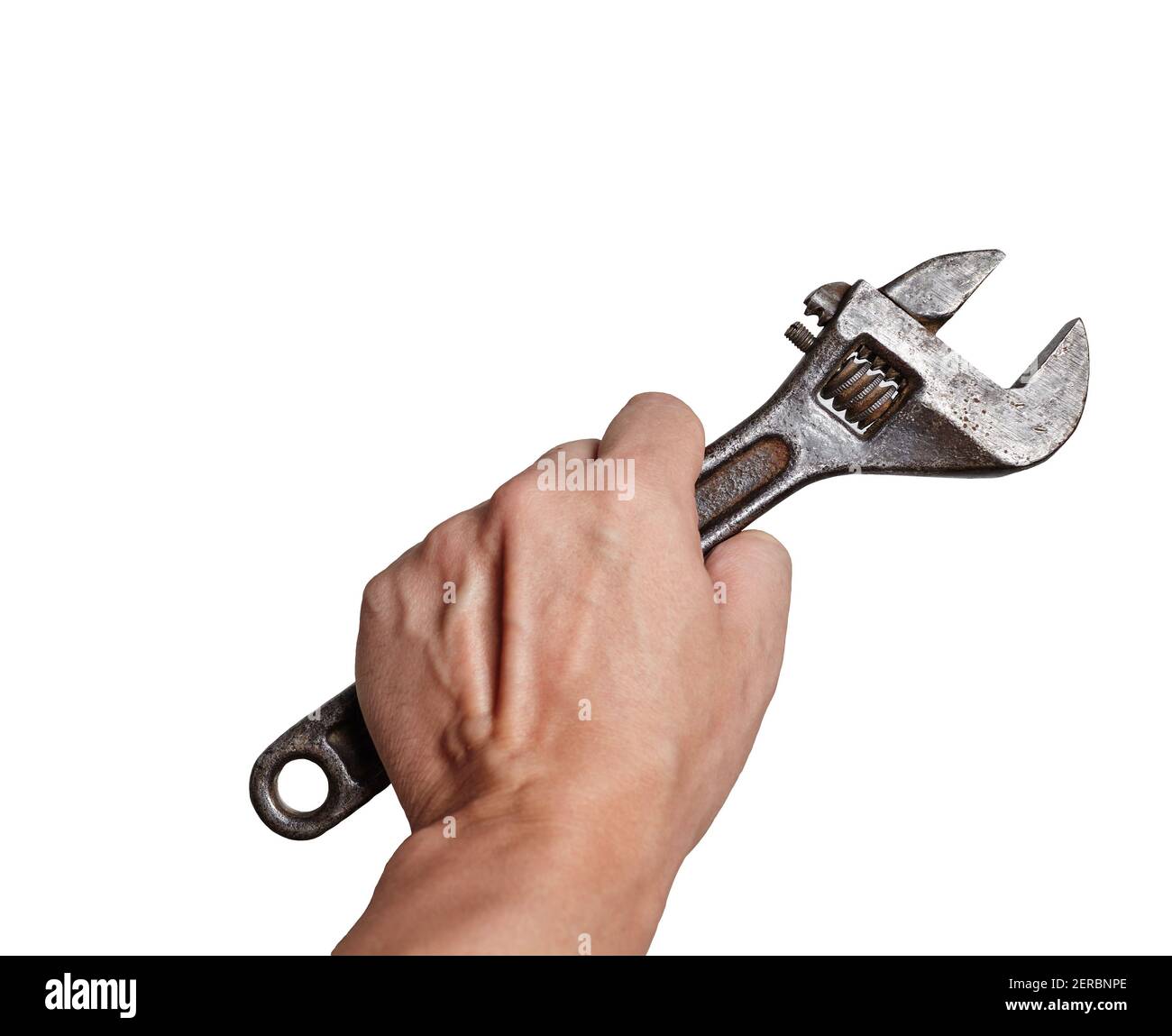 Human hand with adjustable wrench isolated on white background with clipping path. Copy space, no shadows Stock Photo