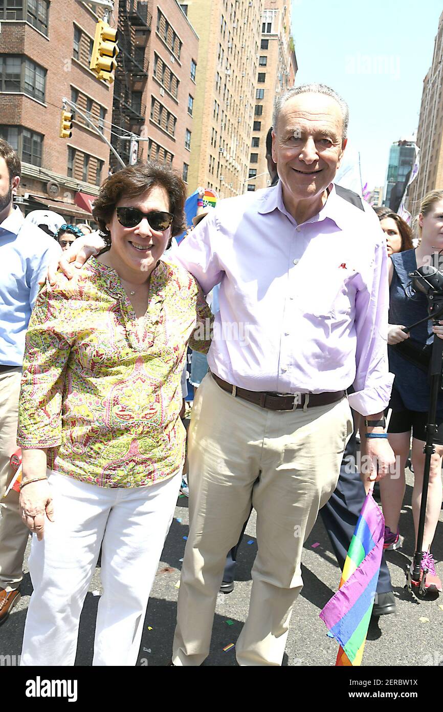 Chuck Schumer and wife Iris Weinshall attends the NYC LGBTQIA+ Pride March on June 24, 2018 in