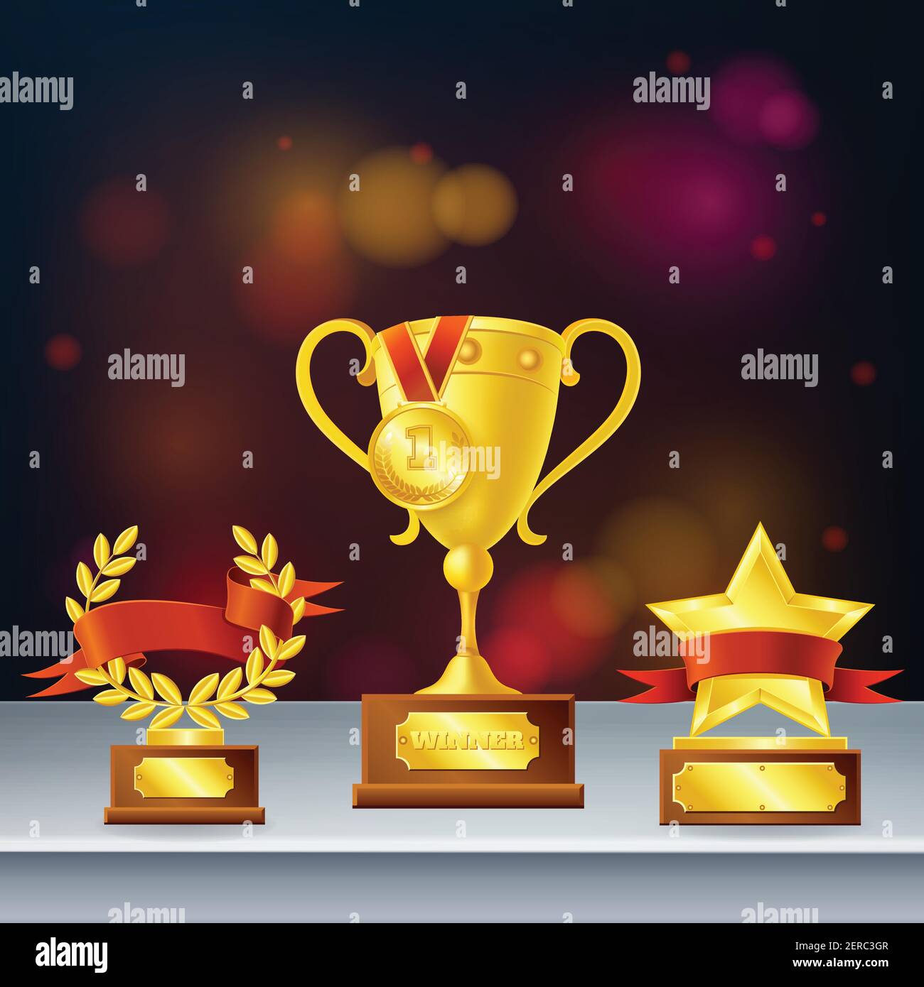 Awards realistic composition with trophies for winner, laurel wreath and star on dark blurred background vector illustration Stock Vector