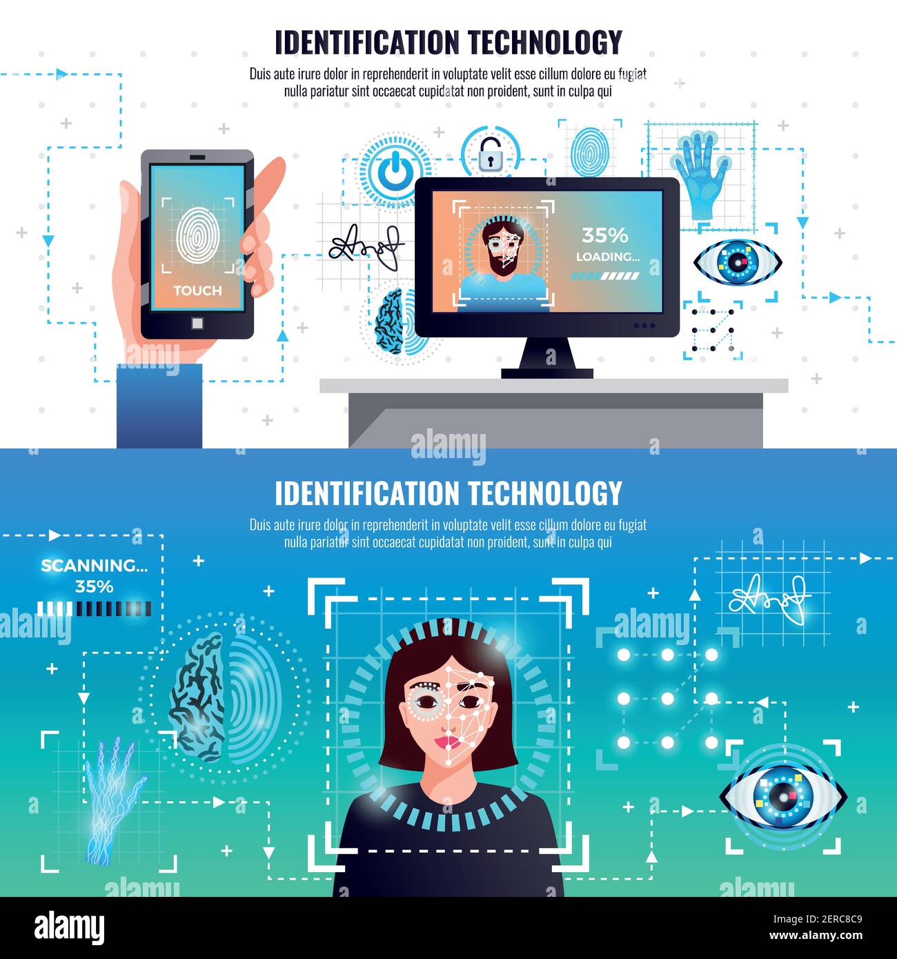 Identification technology 2 infographic elements horizontal banners with face fingerprint signature recognition computer access control vector illustr Stock Vector
