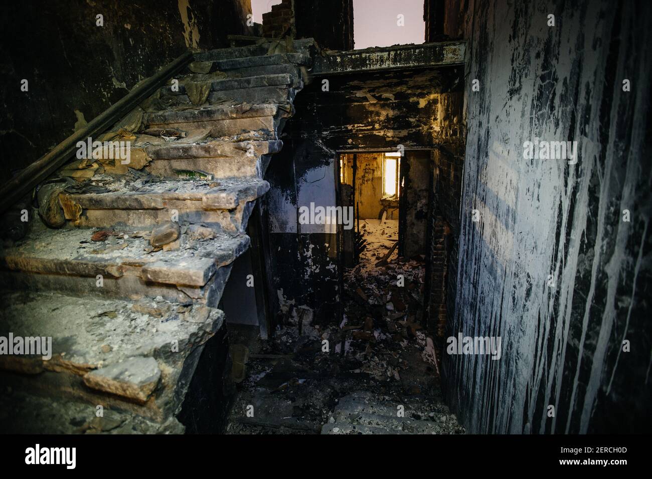 Interior of old historical mansion after fire. Stock Photo