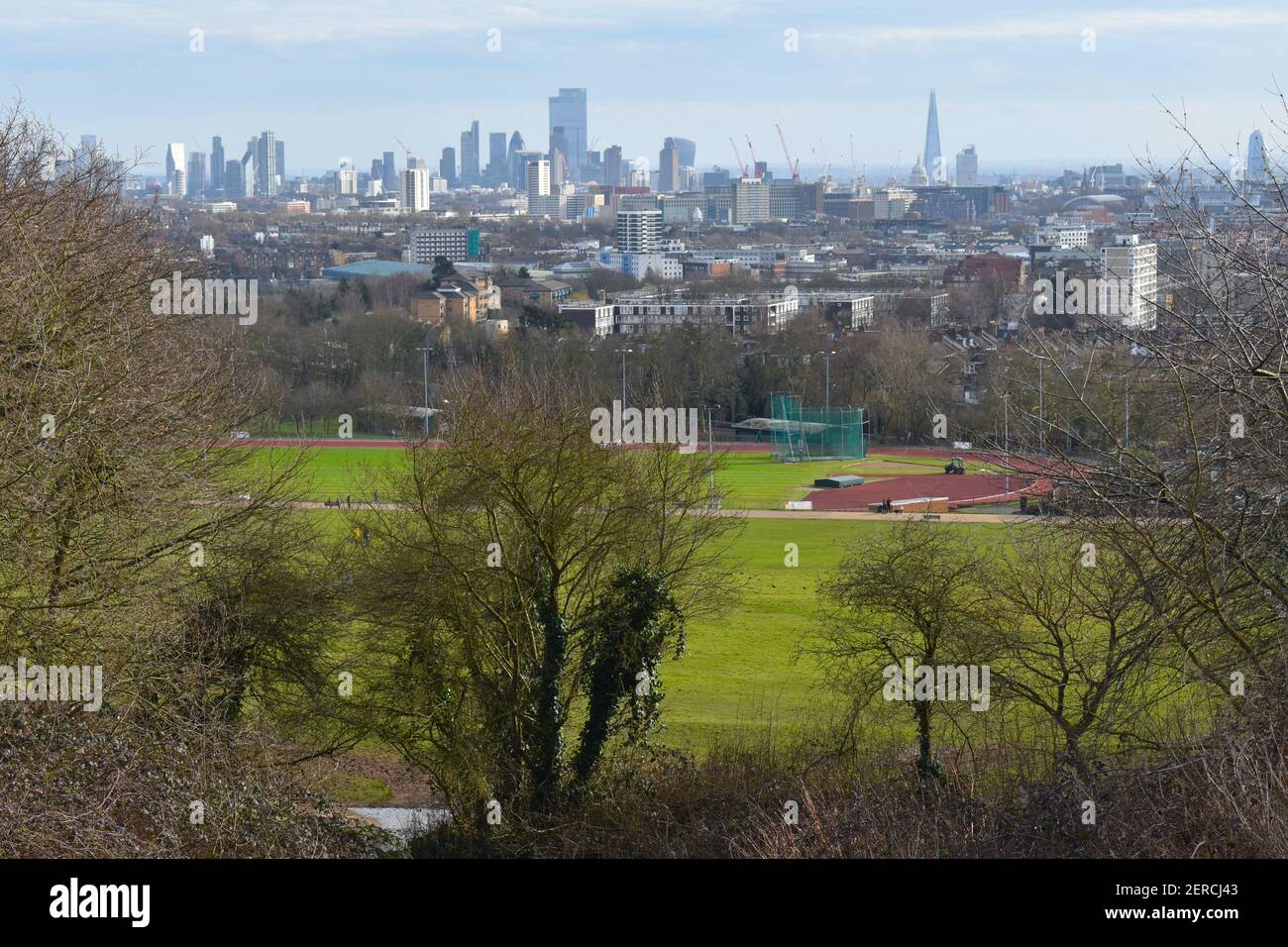 Parliament Hill is situated in north London Camden Borough. It offers romantic walks by ponds outdoor pool tennis courts cricket pitch athletics track Stock Photo