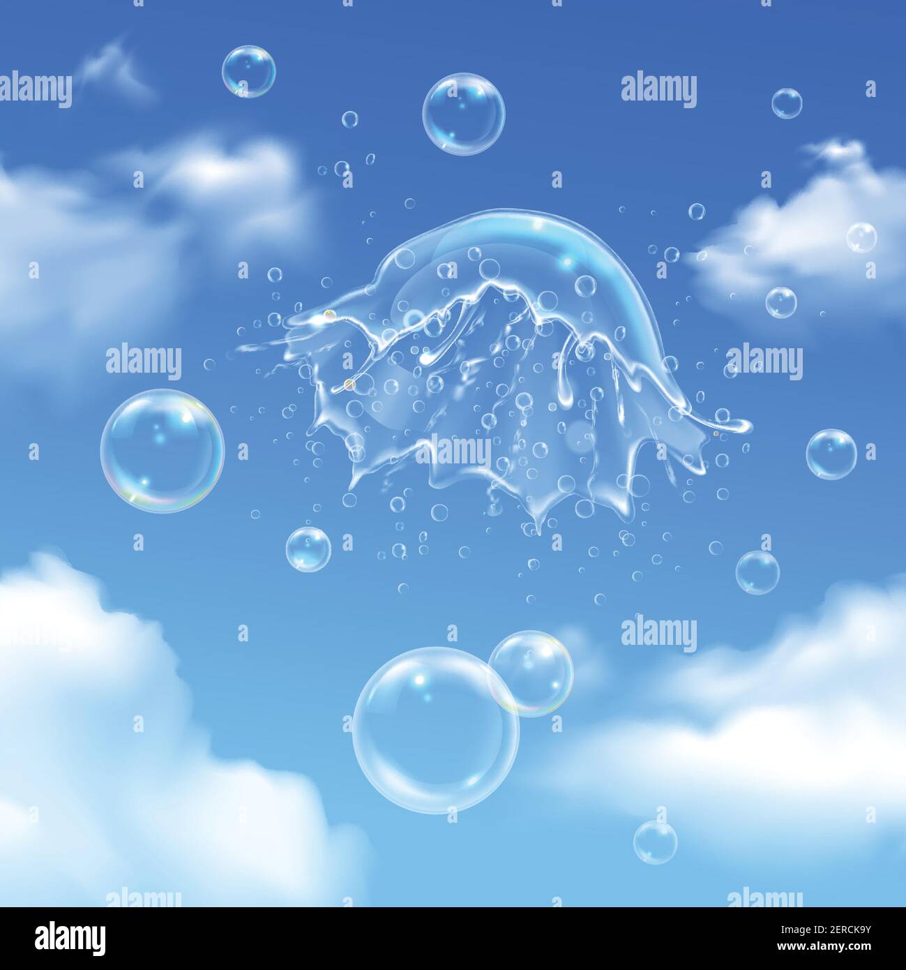 Colored bubbles explosion on sky composition with soap bubbles in the ...