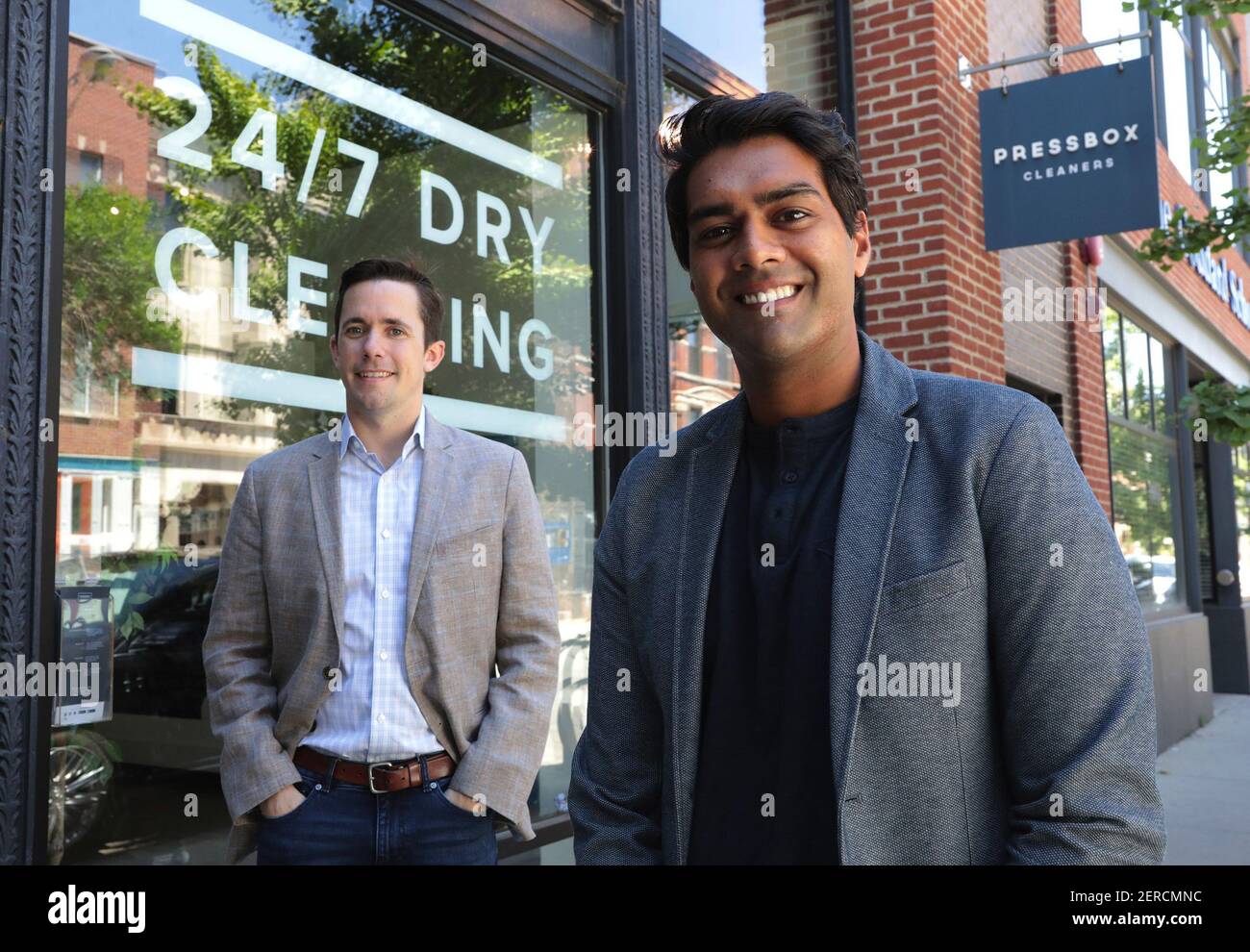 Pressbox founders Drew McKenna, left, and Vijen Patel launched Chicago drycleaning startup