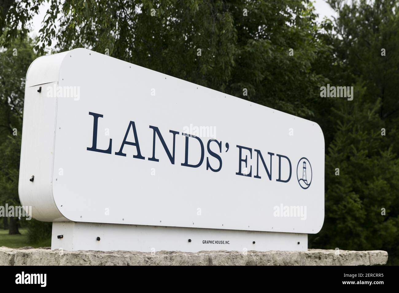 A logo sign outside of the headquarters of Lands' End in Dodgeville
