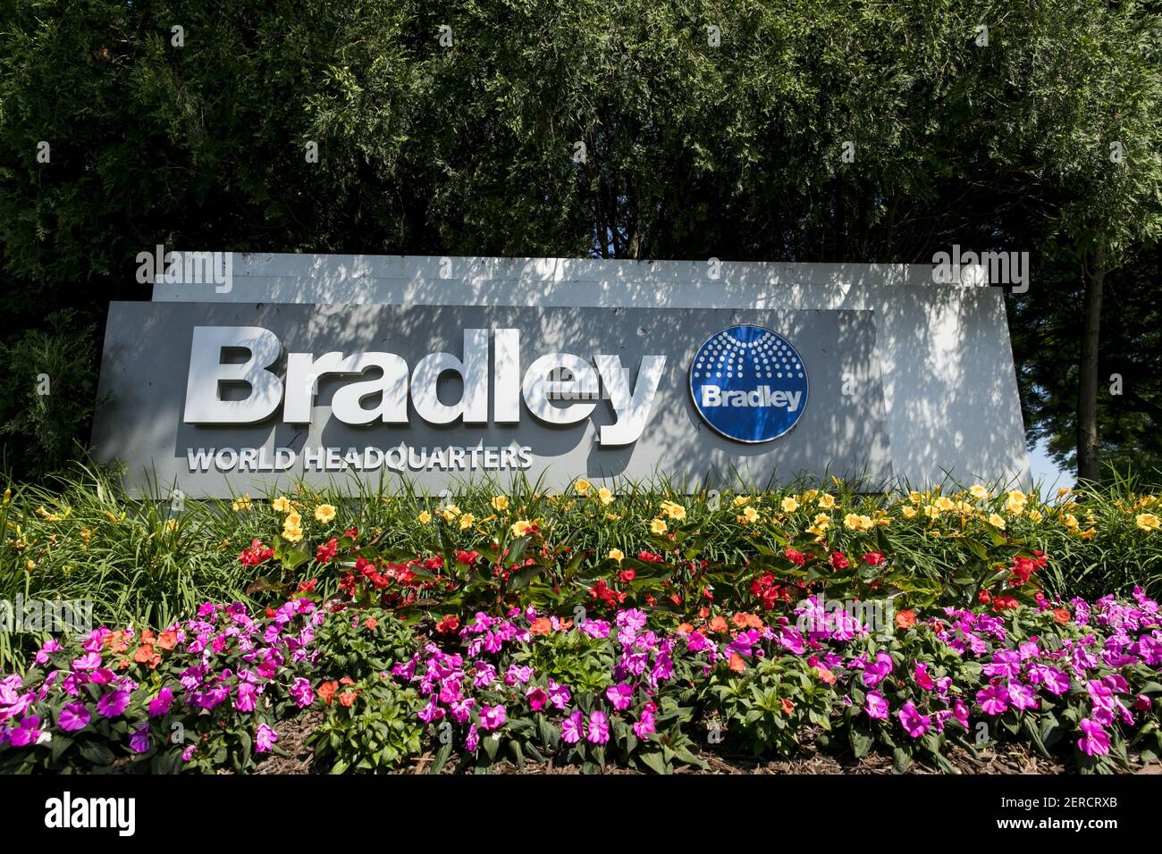A logo sign outside of the headquarters of the Bradley Corporation in