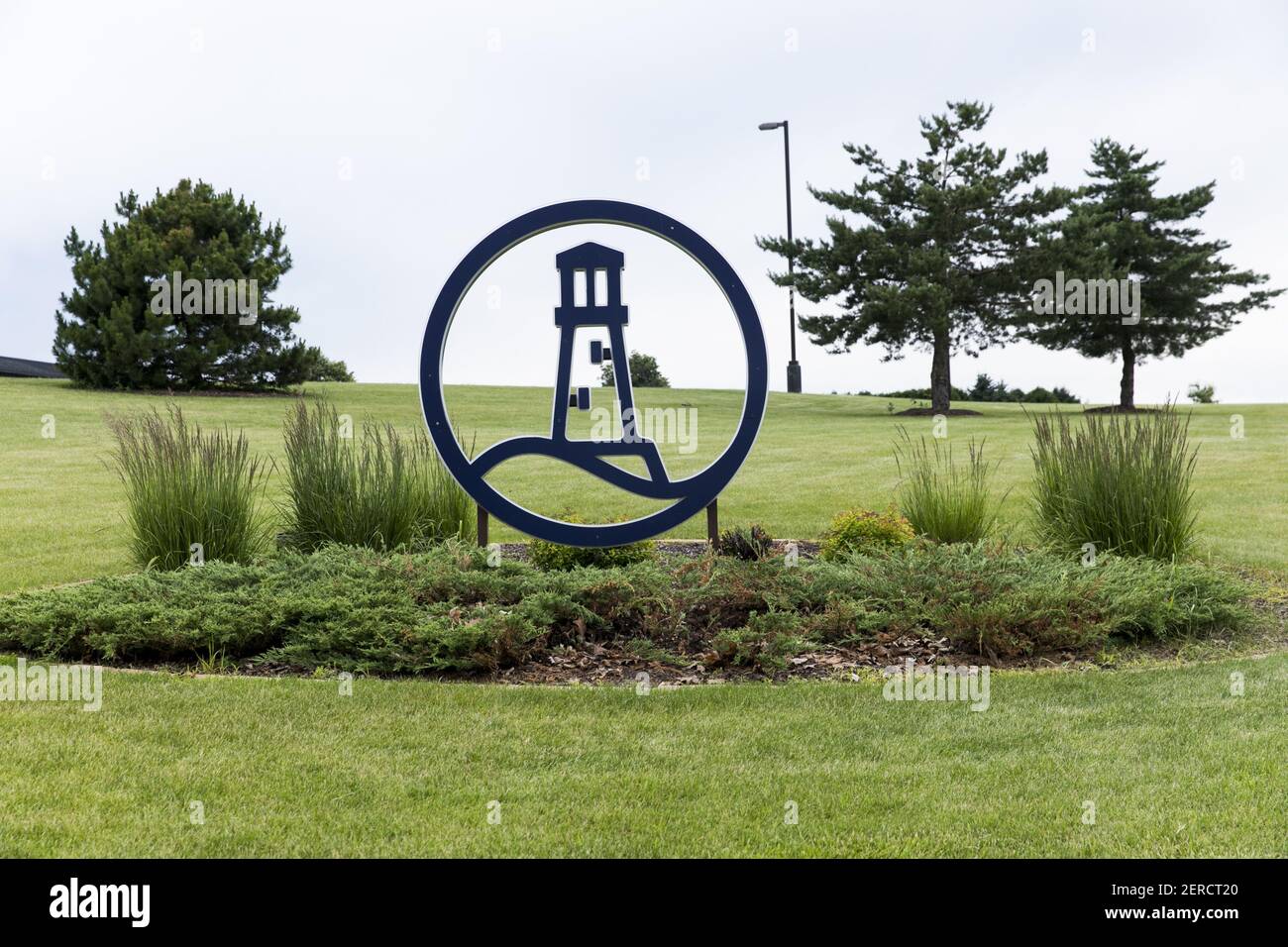A logo sign outside of the headquarters of Lands' End in Dodgeville