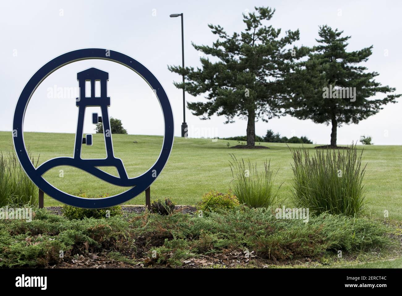 A logo sign outside of the headquarters of Lands' End in Dodgeville