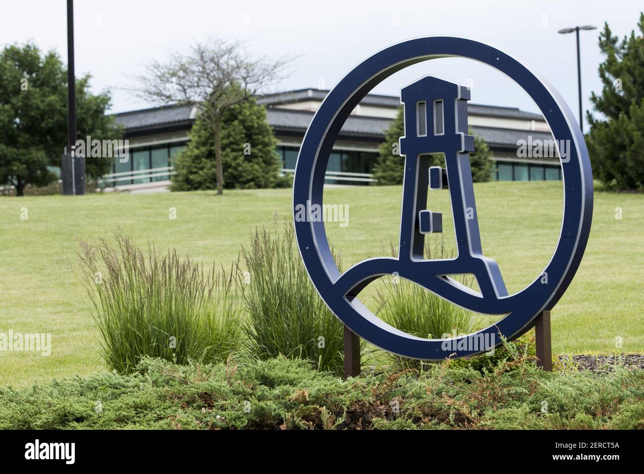 A logo sign outside of the headquarters of Lands' End in Dodgeville