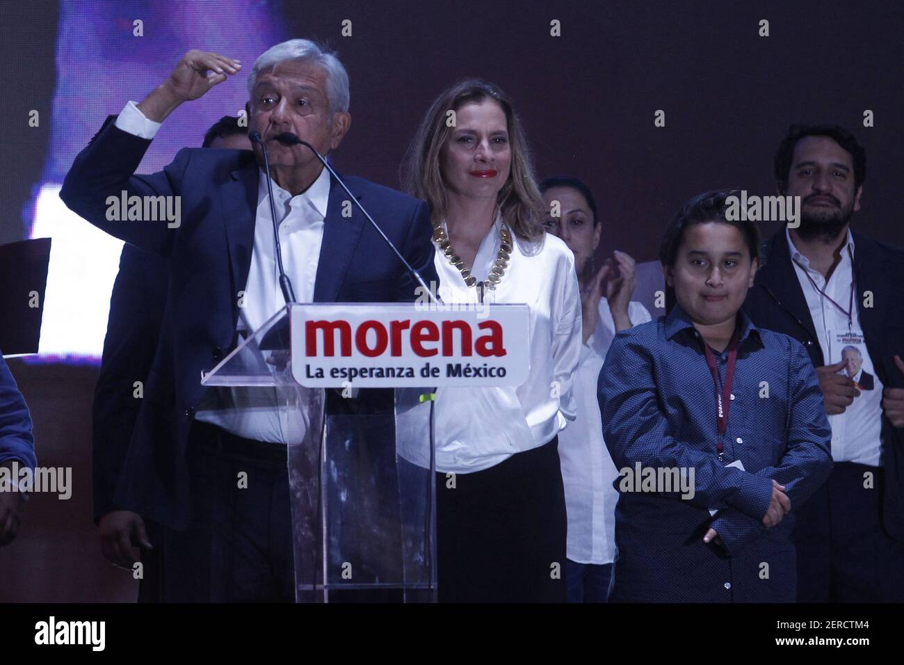 Andres Manuel Lopez Obrador Elected President of Mexico City and his wife Beatriz Gutiérrez Müller1 july 2018 (Photos by Liliana Ampudia Mendez/Sipa USA) Stock Photo