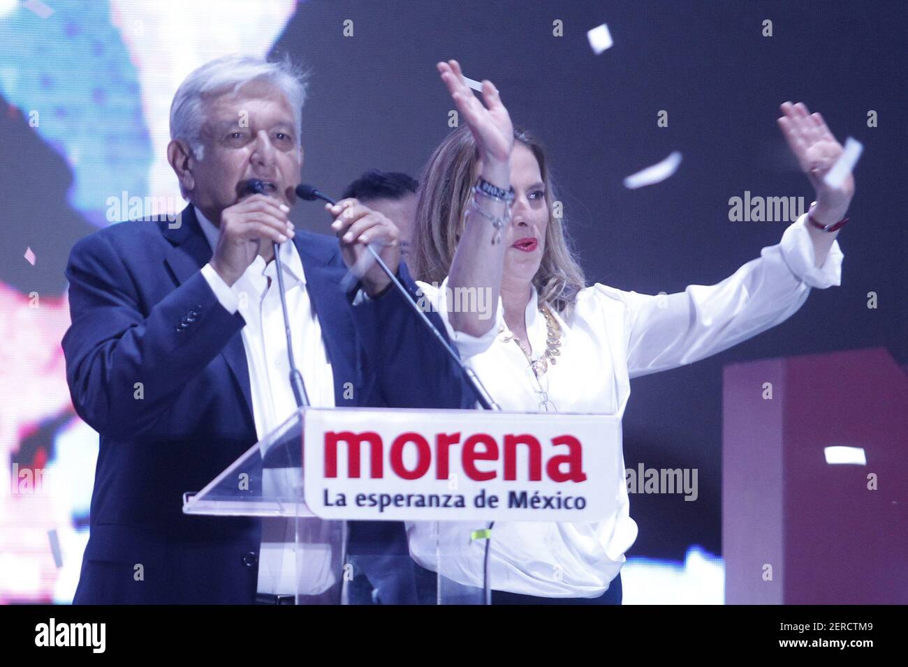 Andres Manuel Lopez Obrador Elected President of Mexico City and his wife Beatriz Gutiérrez Müller 1 july 2018 (Photos by Liliana Ampudia Mendez/Sipa USA) Stock Photo