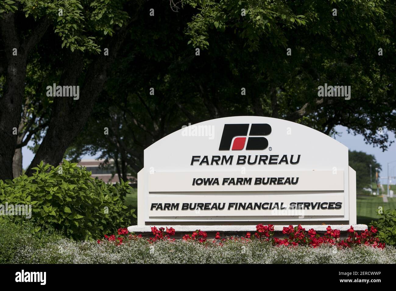A logo sign outside of the headquarters of the Iowa Farm Bureau Federation in West Des Moines