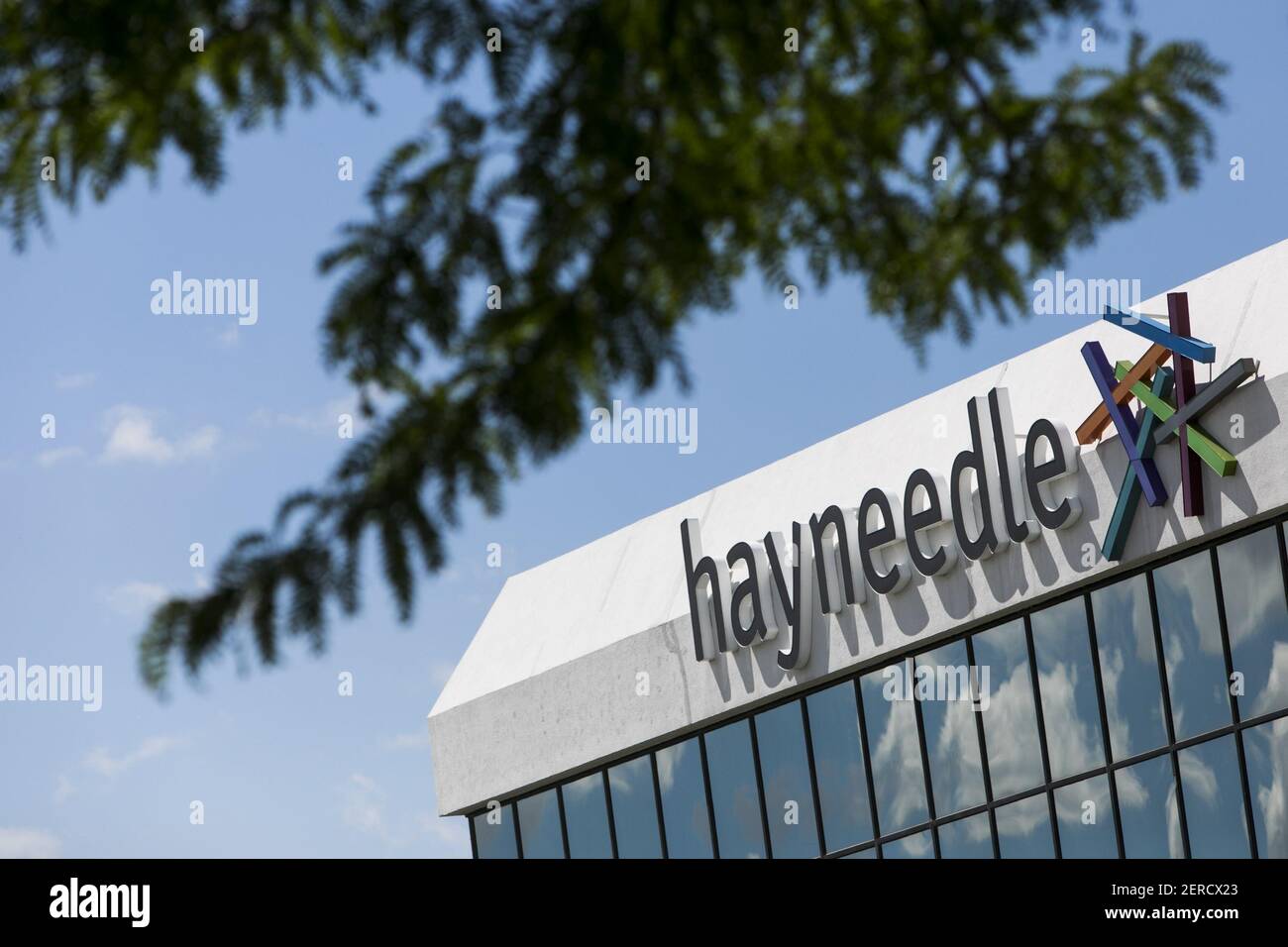 A logo sign outside of the headquarters of Hayneedle in Omaha, Nebraska